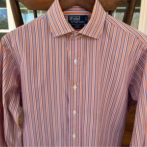Polo by Ralph Lauren Men's Regent Classic Fit Blue Orange Stripe Shirt 16 34-35
